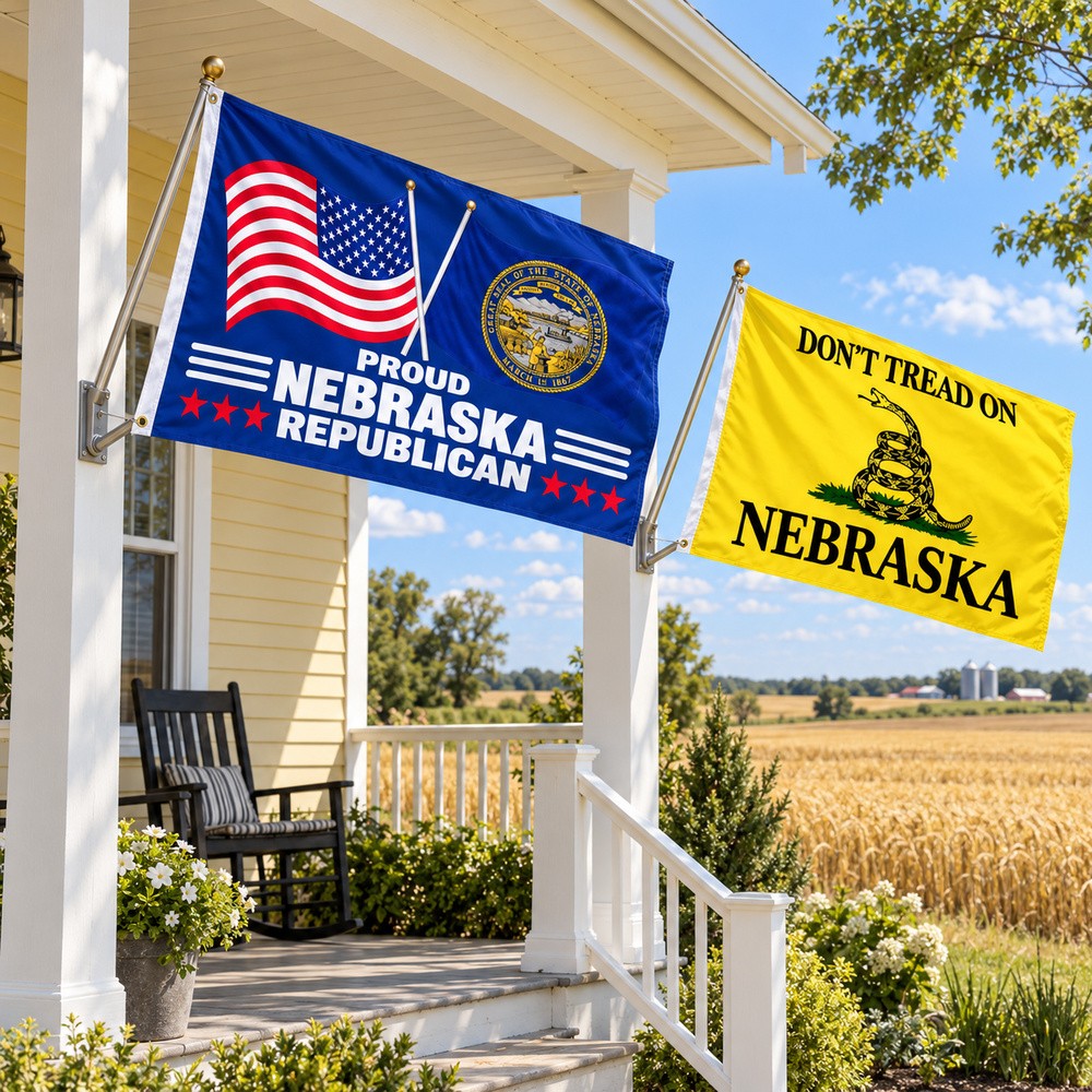Proud Nebraska Republican and Don't Tread on Nebraska Flags 3x5 2-Pack displayed outdoors