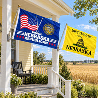 Proud Nebraska Republican and Don't Tread on Nebraska Flags 3x5 2-Pack displayed outdoors