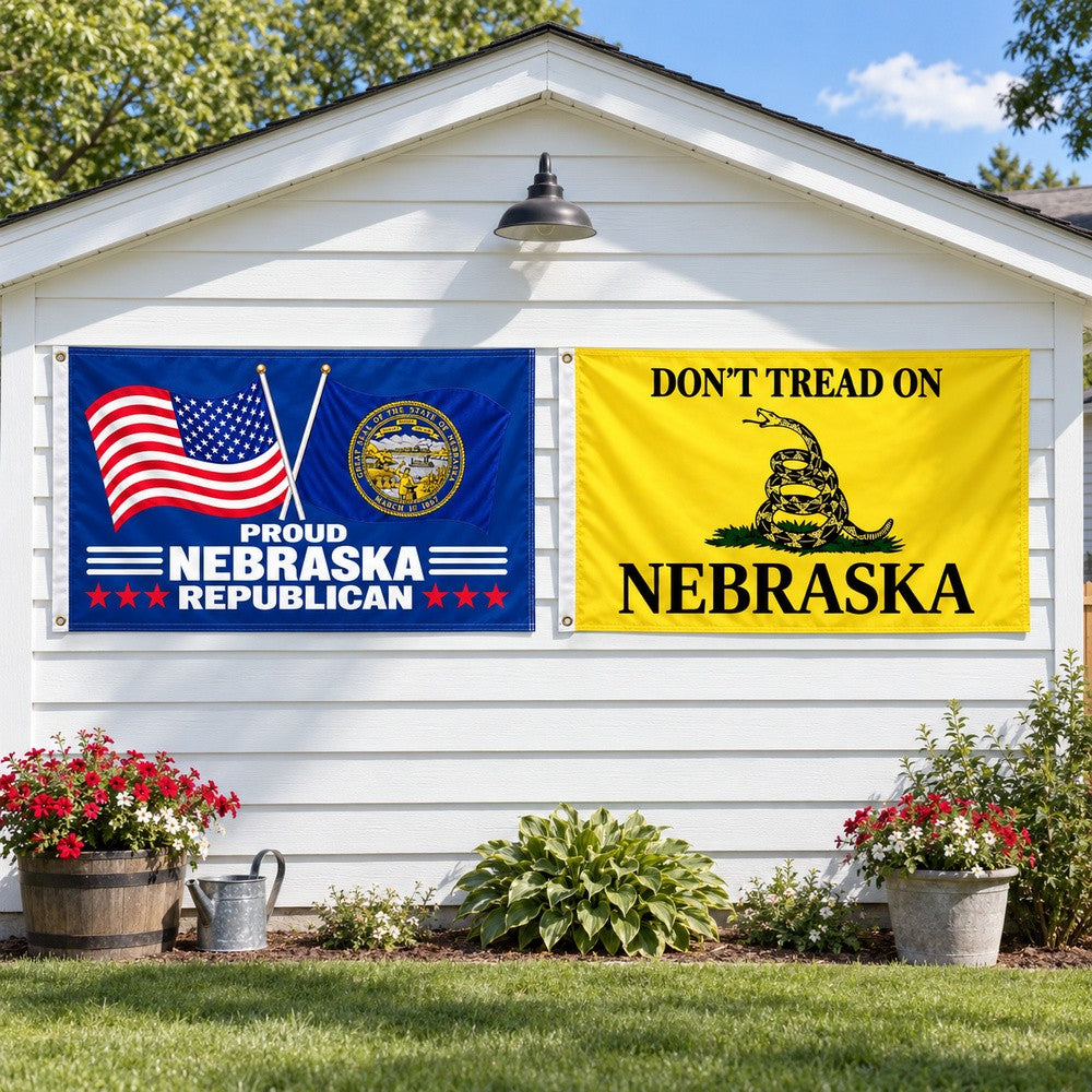 Proud Nebraska Republican and Don't Tread on Nebraska Flags 3x5 2-Pack displayed outdoors