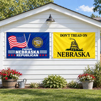 Proud Nebraska Republican and Don't Tread on Nebraska Flags 3x5 2-Pack displayed outdoors