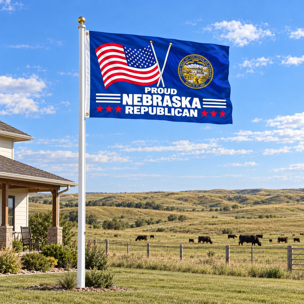 Proud Nebraska Republican Flag 3x5 displayed outdoors