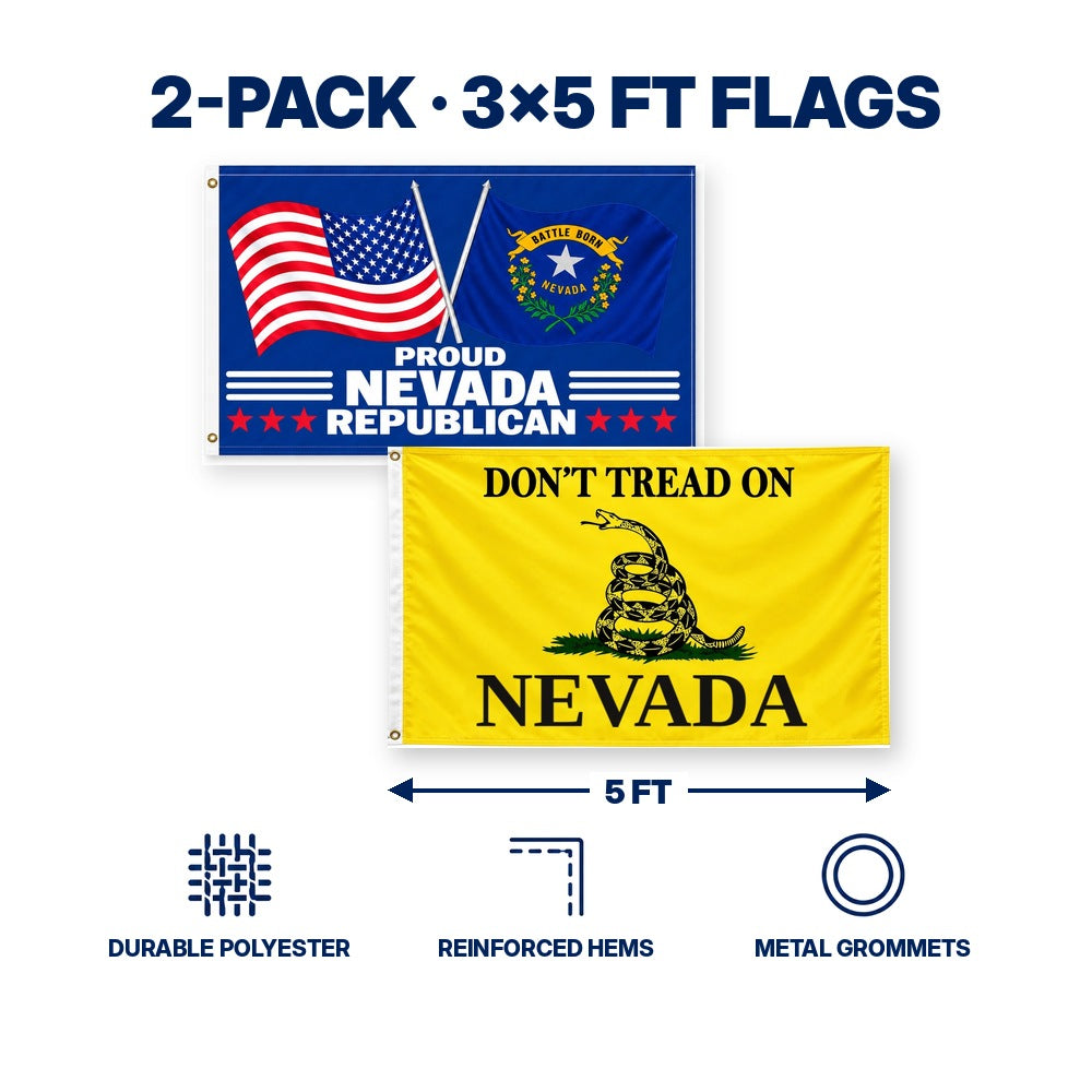 Proud Nevada Republican and Don't Tread on Nevada Flags 3x5 2-Pack features and size details