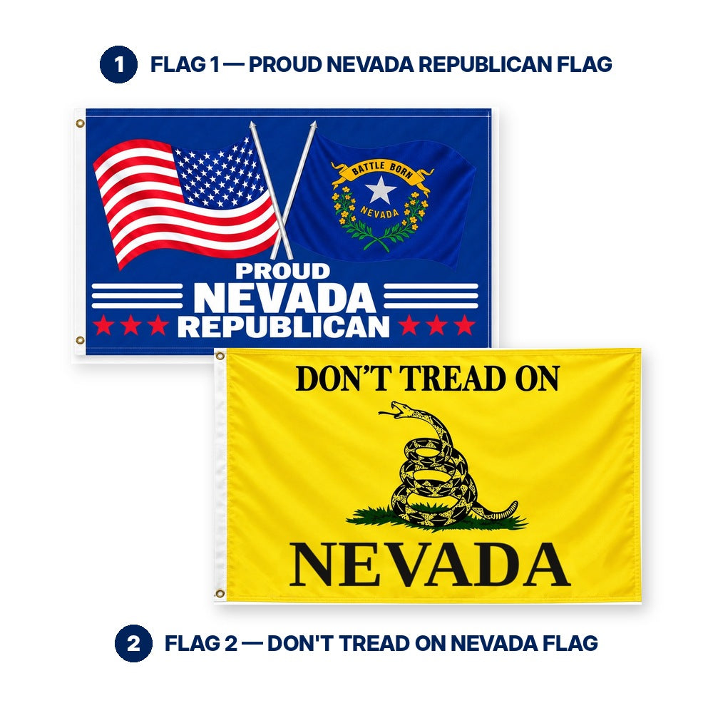 Proud Nevada Republican and Don't Tread on Nevada Flags 3x5 2-Pack features and size details