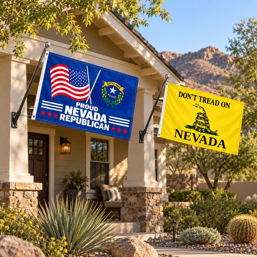 Proud Nevada Republican and Don't Tread on Nevada Flags 3x5 2-Pack displayed outdoors
