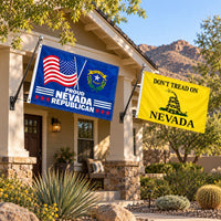 Proud Nevada Republican and Don't Tread on Nevada Flags 3x5 2-Pack displayed outdoors