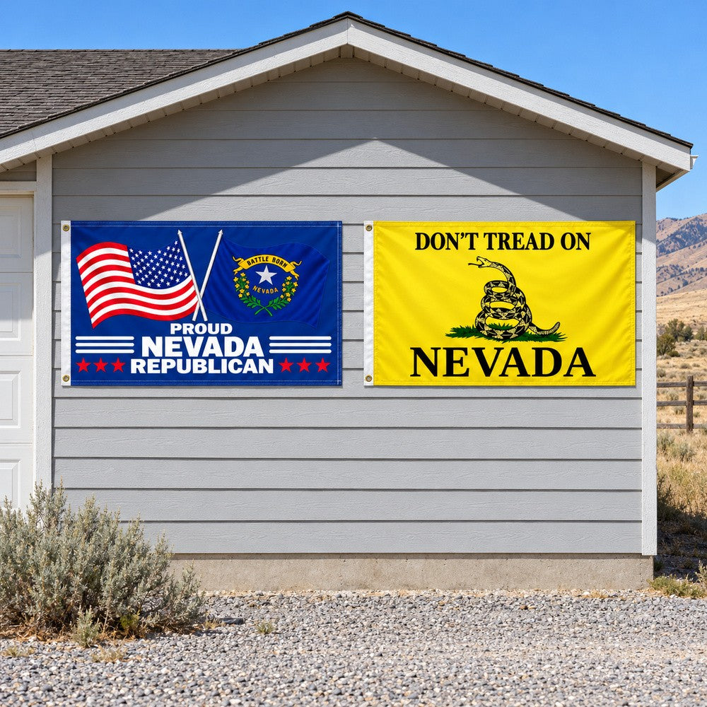 Proud Nevada Republican and Don't Tread on Nevada Flags 3x5 2-Pack displayed outdoors