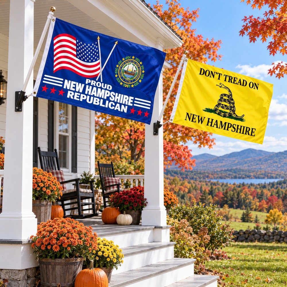Proud New Hampshire Republican and Don't Tread on New Hampshire Flags 3x5 2-Pack displayed outdoors