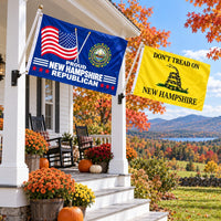 Proud New Hampshire Republican and Don't Tread on New Hampshire Flags 3x5 2-Pack displayed outdoors