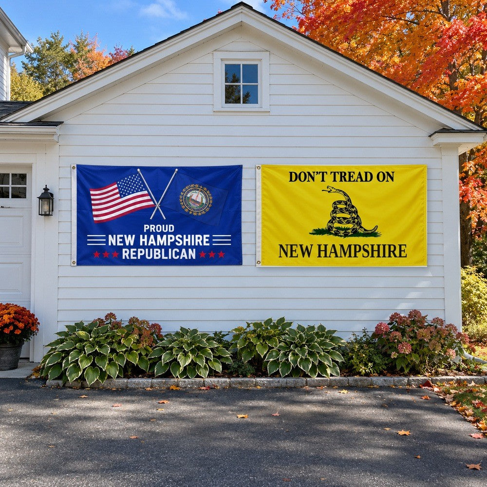 Proud New Hampshire Republican and Don't Tread on New Hampshire Flags 3x5 2-Pack displayed outdoors