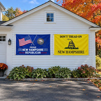 Proud New Hampshire Republican and Don't Tread on New Hampshire Flags 3x5 2-Pack displayed outdoors
