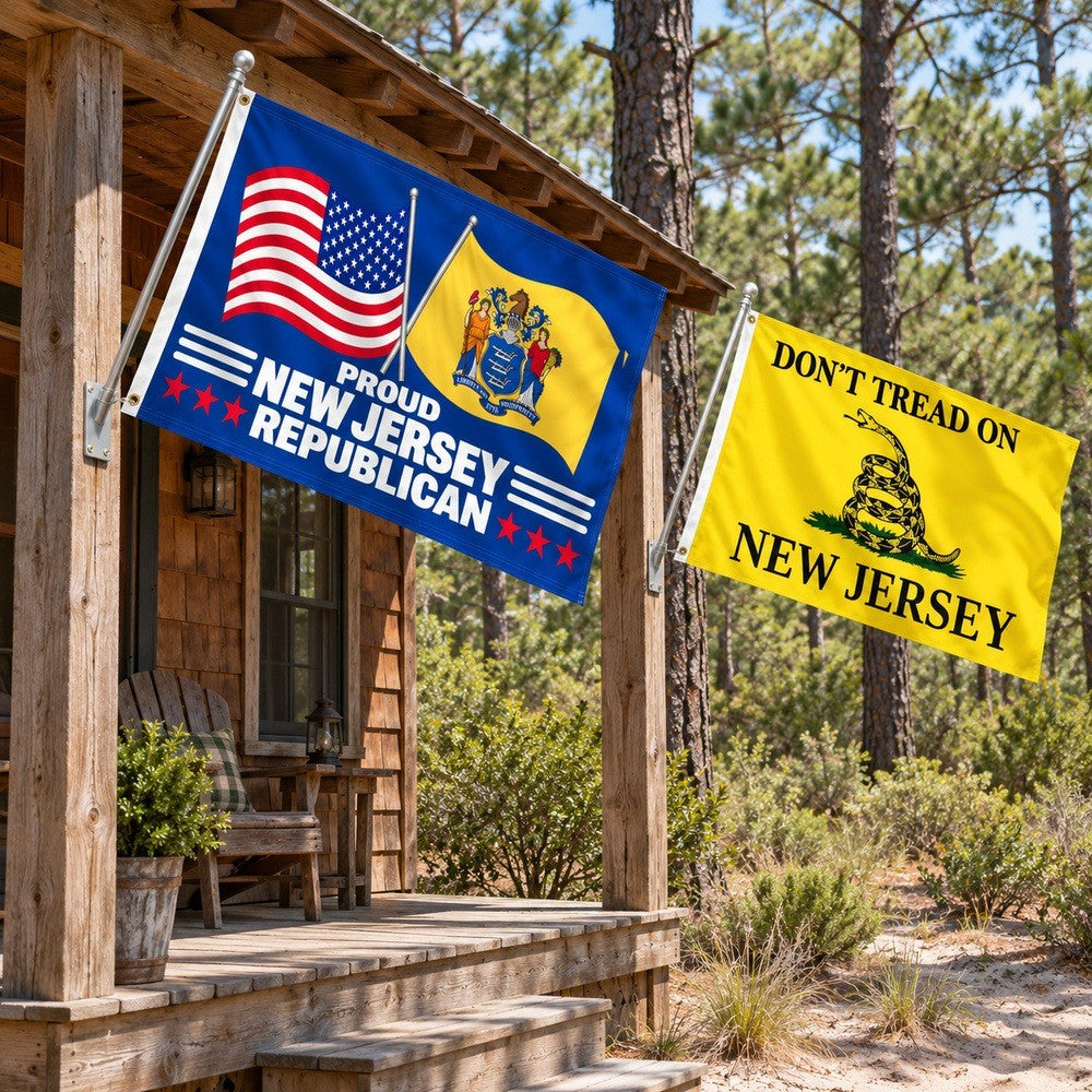 Proud New Jersey Republican and Don't Tread on New Jersey Flags 3x5 2-Pack displayed outdoors