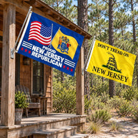 Proud New Jersey Republican and Don't Tread on New Jersey Flags 3x5 2-Pack displayed outdoors