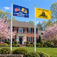 Proud New Jersey Republican and Don't Tread on New Jersey Flags 3x5 2-Pack displayed outdoors