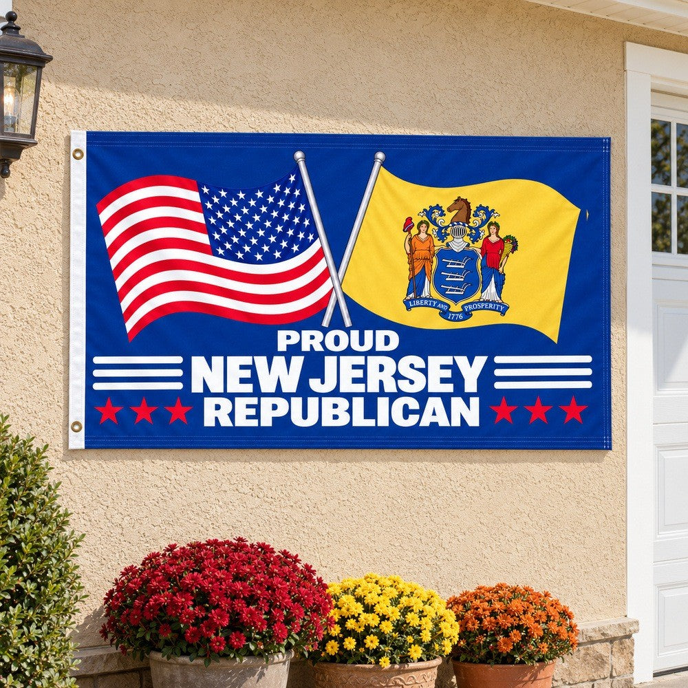 Proud New Jersey Republican Flag 3x5 displayed outdoors