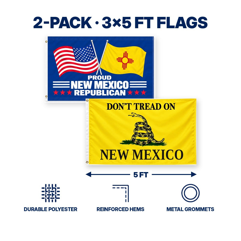 Proud New Mexico Republican and Don't Tread on New Mexico Flags 3x5 2-Pack features and size details