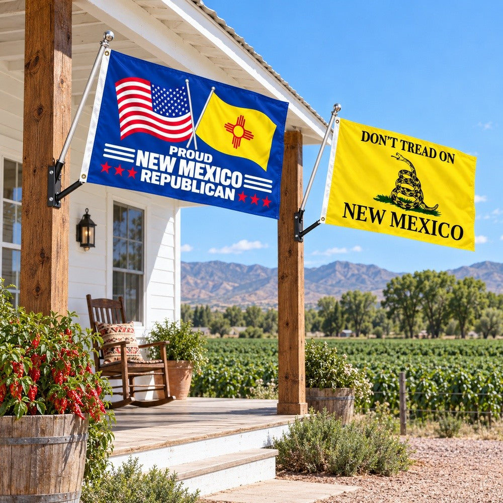 Proud New Mexico Republican and Don't Tread on New Mexico Flags 3x5 2-Pack displayed outdoors