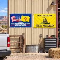 Proud New Mexico Republican and Don't Tread on New Mexico Flags 3x5 2-Pack displayed outdoors