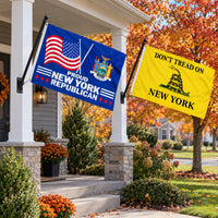 Proud New York Republican and Don't Tread on New York Flags 3x5 2-Pack displayed outdoors