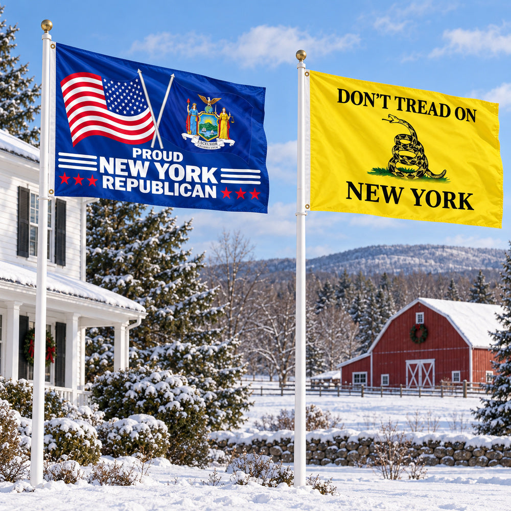 Proud New York Republican and Don't Tread on New York Flags 3x5 2-Pack displayed outdoors