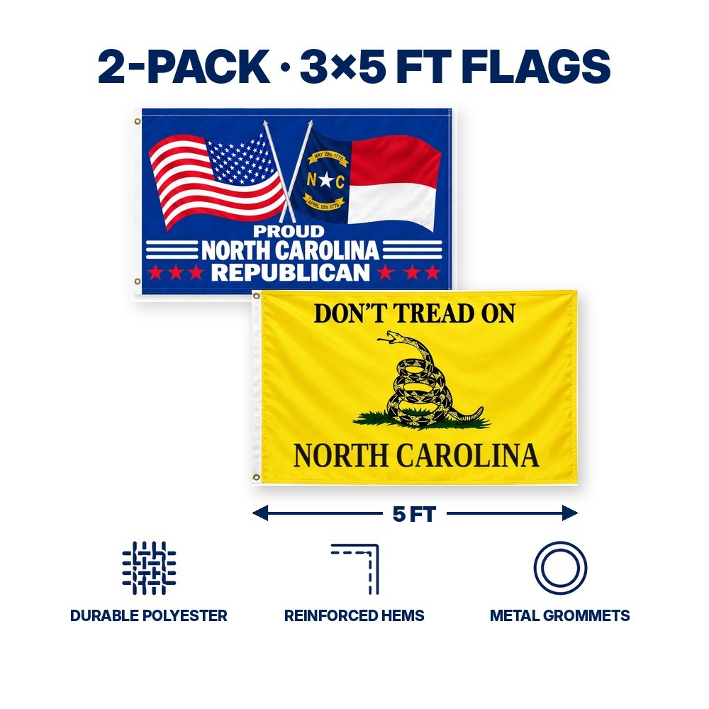 Proud North Carolina Republican and Don't Tread on North Carolina Flags 3x5 2-Pack features and size details