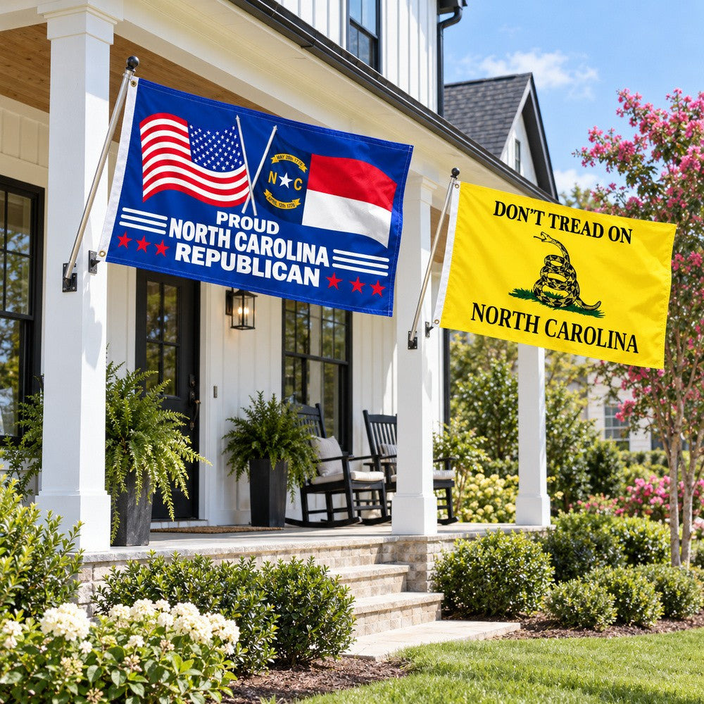 Proud North Carolina Republican and Don't Tread on North Carolina Flags 3x5 2-Pack displayed outdoors