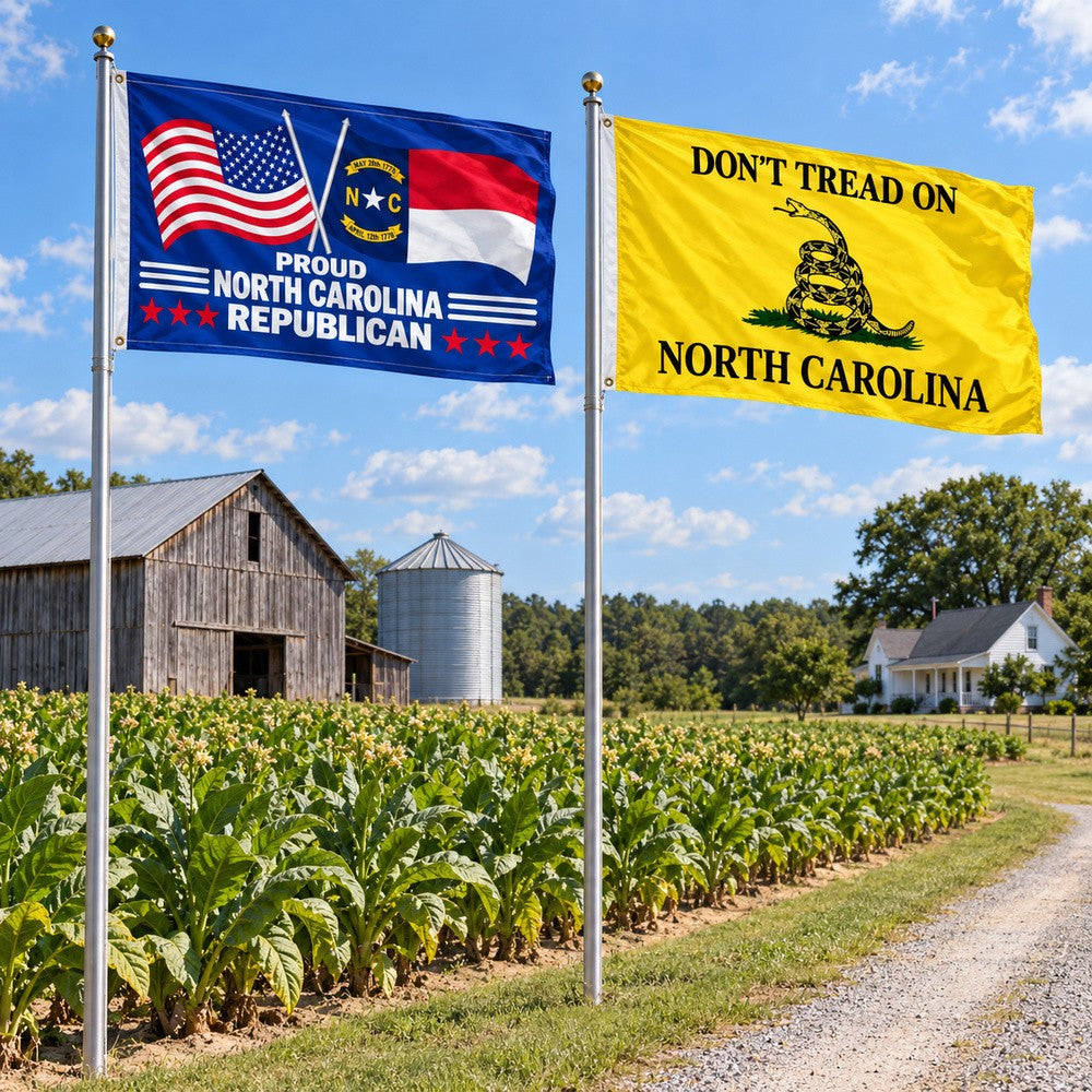 Proud North Carolina Republican and Don't Tread on North Carolina Flags 3x5 2-Pack displayed outdoors