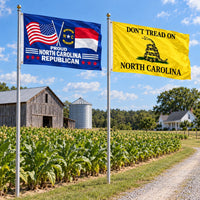 Proud North Carolina Republican and Don't Tread on North Carolina Flags 3x5 2-Pack displayed outdoors