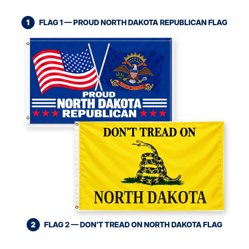 Proud North Dakota Republican and Don't Tread on North Dakota Flags 3x5 2-Pack features and size details