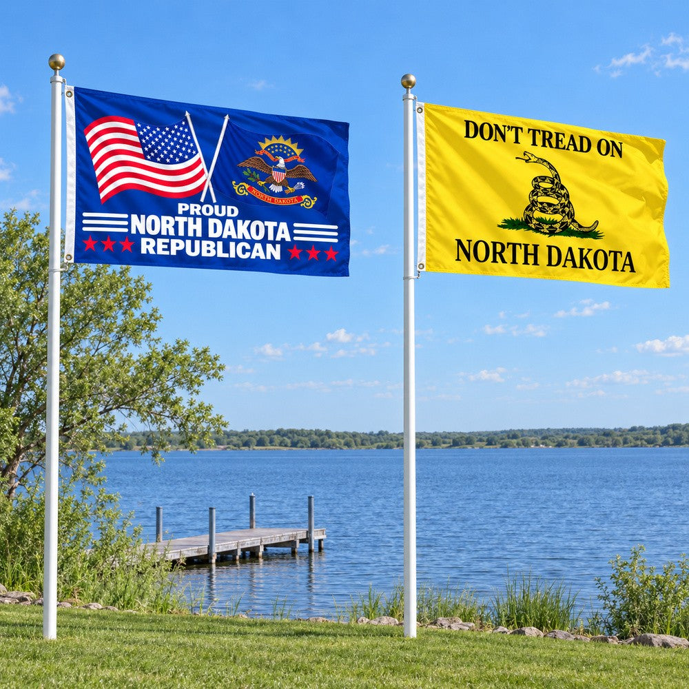 Proud North Dakota Republican and Don't Tread on North Dakota Flags 3x5 2-Pack displayed outdoors