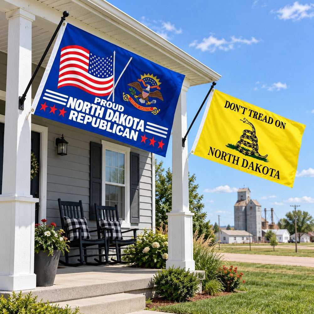 Proud North Dakota Republican and Don't Tread on North Dakota Flags 3x5 2-Pack displayed outdoors