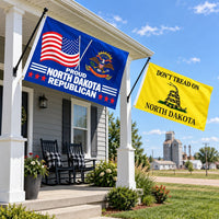 Proud North Dakota Republican and Don't Tread on North Dakota Flags 3x5 2-Pack displayed outdoors