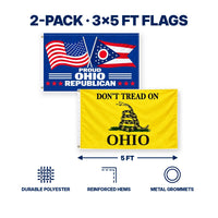 Proud Ohio Republican and Don't Tread on Ohio Flags 3x5 2-Pack features and size details