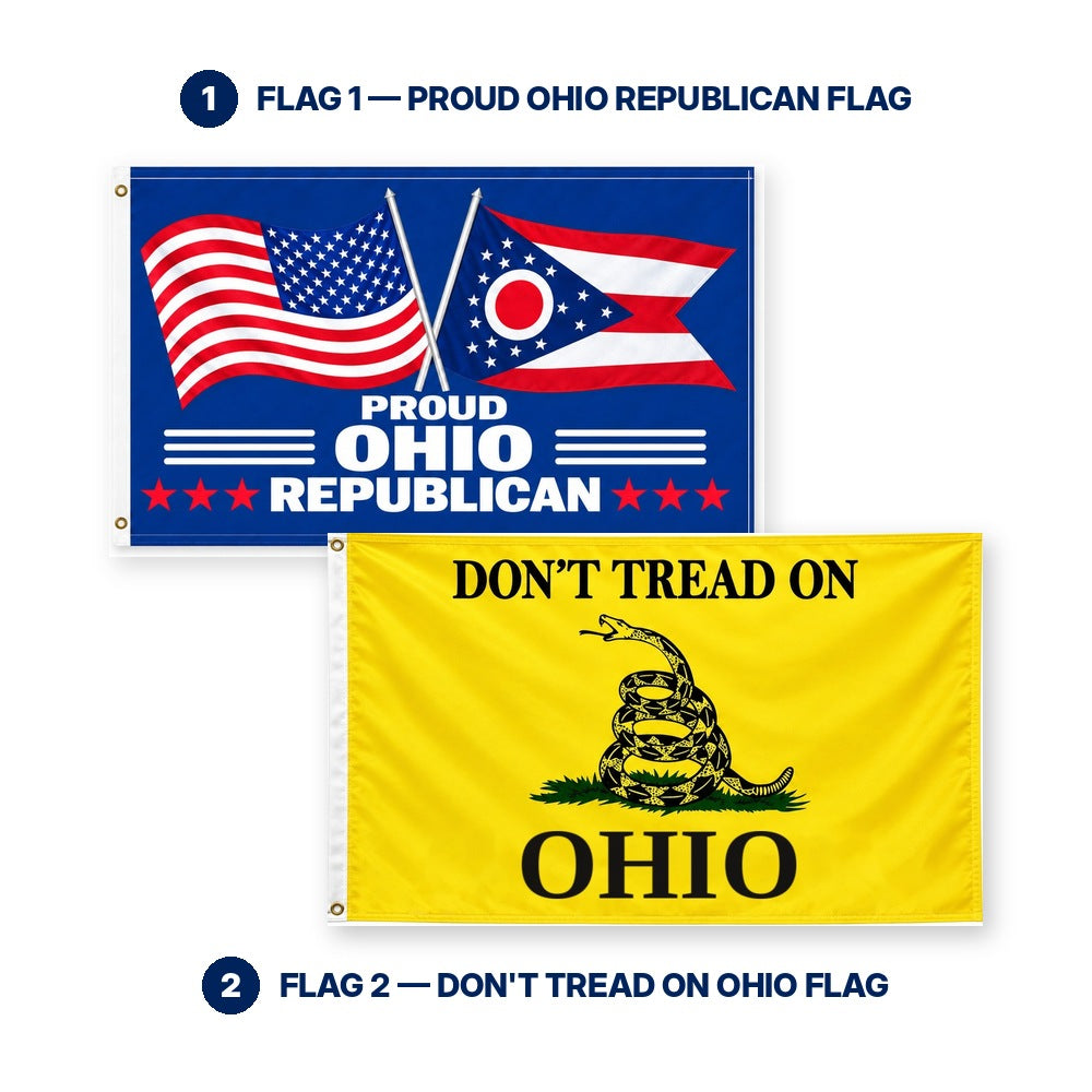 Proud Ohio Republican and Don't Tread on Ohio Flags 3x5 2-Pack features and size details
