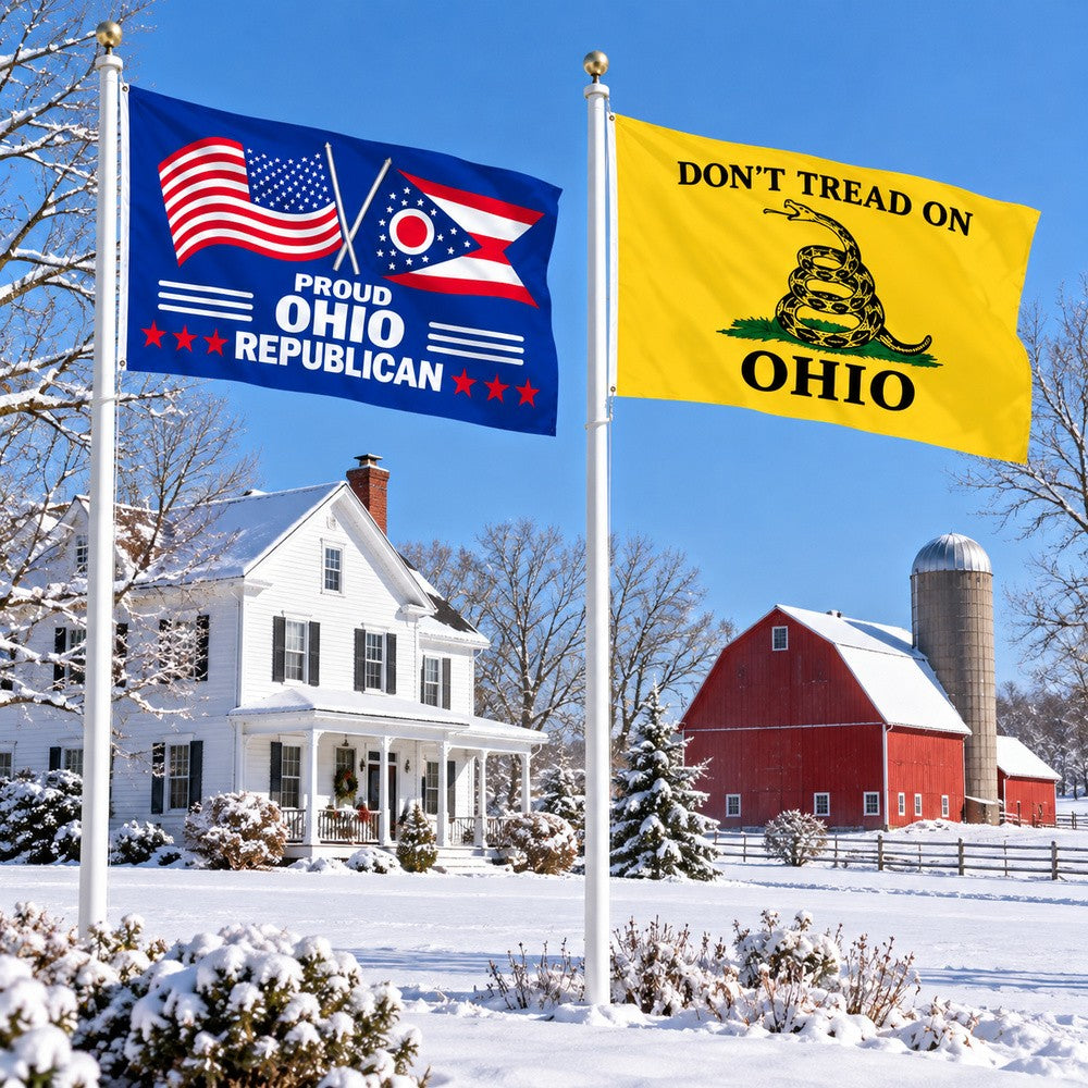 Proud Ohio Republican and Don't Tread on Ohio Flags 3x5 2-Pack displayed outdoors