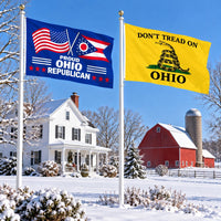 Proud Ohio Republican and Don't Tread on Ohio Flags 3x5 2-Pack displayed outdoors