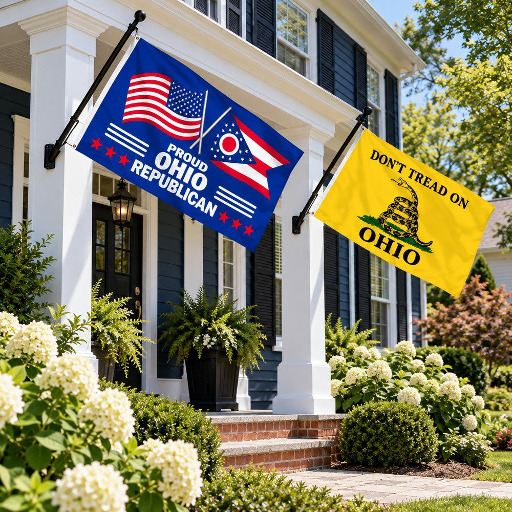 Proud Ohio Republican and Don't Tread on Ohio Flags 3x5 2-Pack displayed outdoors