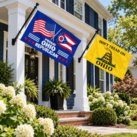 Proud Ohio Republican and Don't Tread on Ohio Flags 3x5 2-Pack displayed outdoors