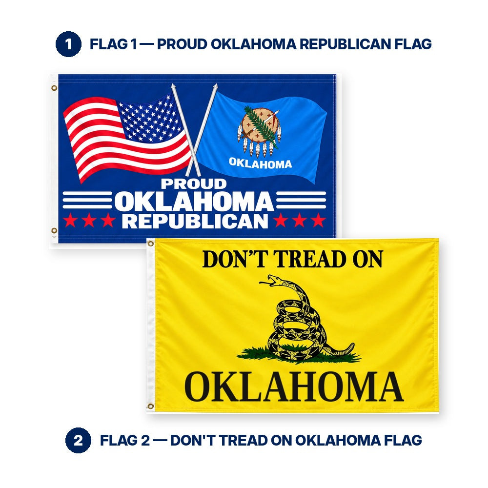 Proud Oklahoma Republican and Don't Tread on Oklahoma Flags 3x5 2-Pack features and size details