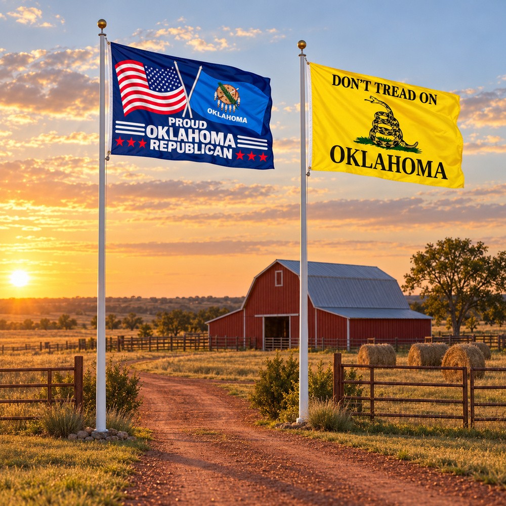 Proud Oklahoma Republican and Don't Tread on Oklahoma Flags 3x5 2-Pack displayed outdoors