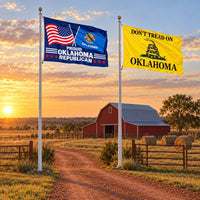 Proud Oklahoma Republican and Don't Tread on Oklahoma Flags 3x5 2-Pack displayed outdoors