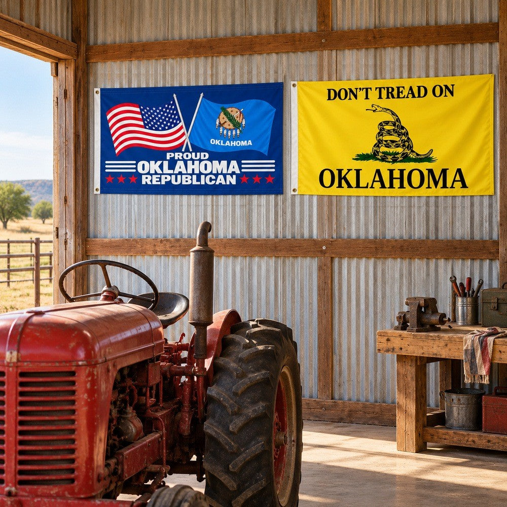 Proud Oklahoma Republican and Don't Tread on Oklahoma Flags 3x5 2-Pack displayed outdoors
