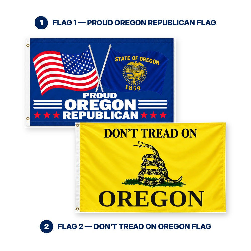 Proud Oregon Republican and Don't Tread on Oregon Flags 3x5 2-Pack features and size details