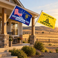 Proud Oregon Republican and Don't Tread on Oregon Flags 3x5 2-Pack displayed outdoors