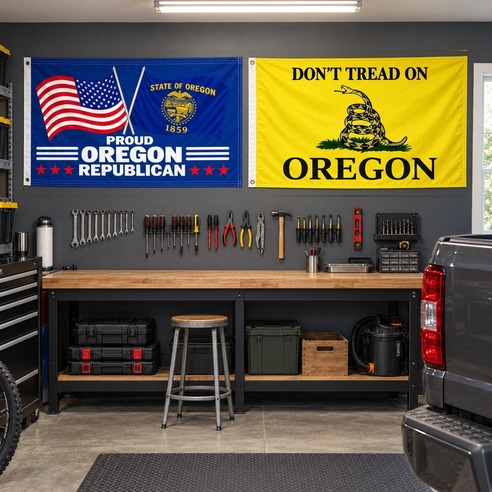 Proud Oregon Republican and Don't Tread on Oregon Flags 3x5 2-Pack displayed outdoors
