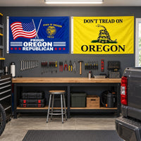 Proud Oregon Republican and Don't Tread on Oregon Flags 3x5 2-Pack displayed outdoors