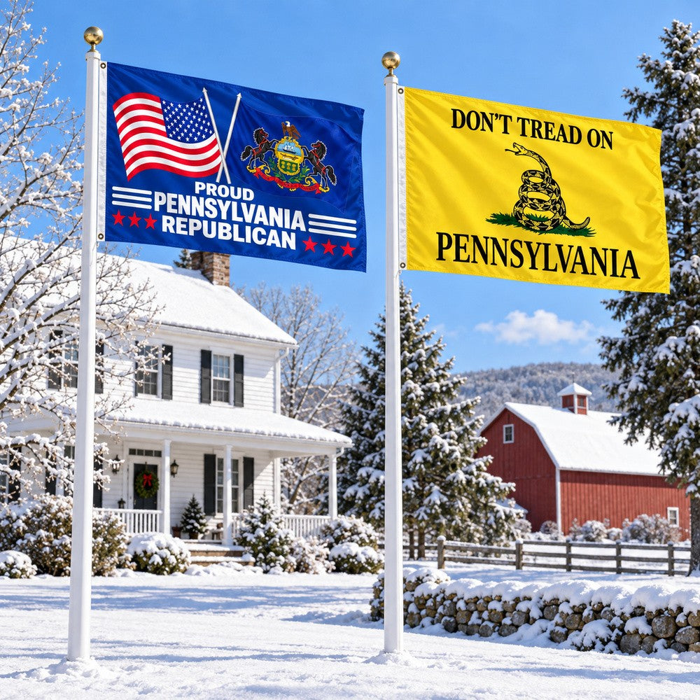 Proud Pennsylvania Republican and Don't Tread on Pennsylvania Flags 3x5 2-Pack displayed outdoors
