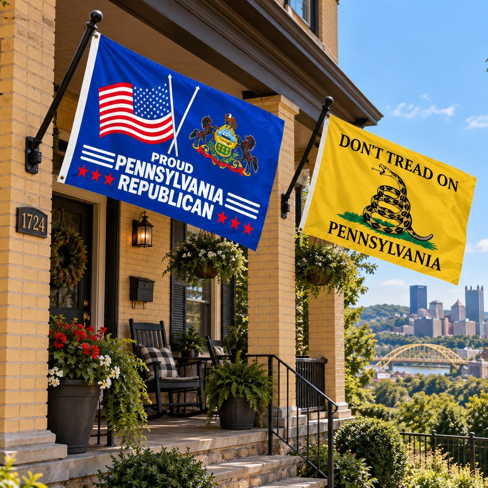 Proud Pennsylvania Republican and Don't Tread on Pennsylvania Flags 3x5 2-Pack displayed outdoors