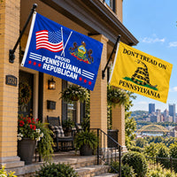 Proud Pennsylvania Republican and Don't Tread on Pennsylvania Flags 3x5 2-Pack displayed outdoors
