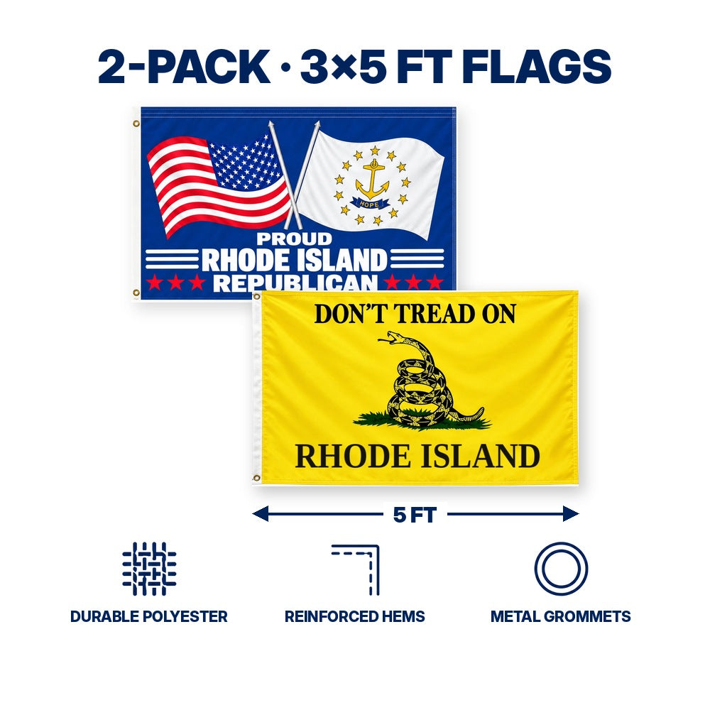 Proud Rhode Island Republican and Don't Tread on Rhode Island Flags 3x5 2-Pack features and size details