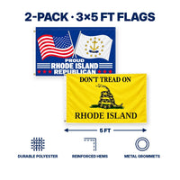Proud Rhode Island Republican and Don't Tread on Rhode Island Flags 3x5 2-Pack features and size details